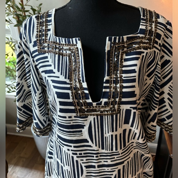 Trina Turk Navy White Cotton Lek Bamboo Forest Embellished Dress - size 10 - Picture 2 of 6
